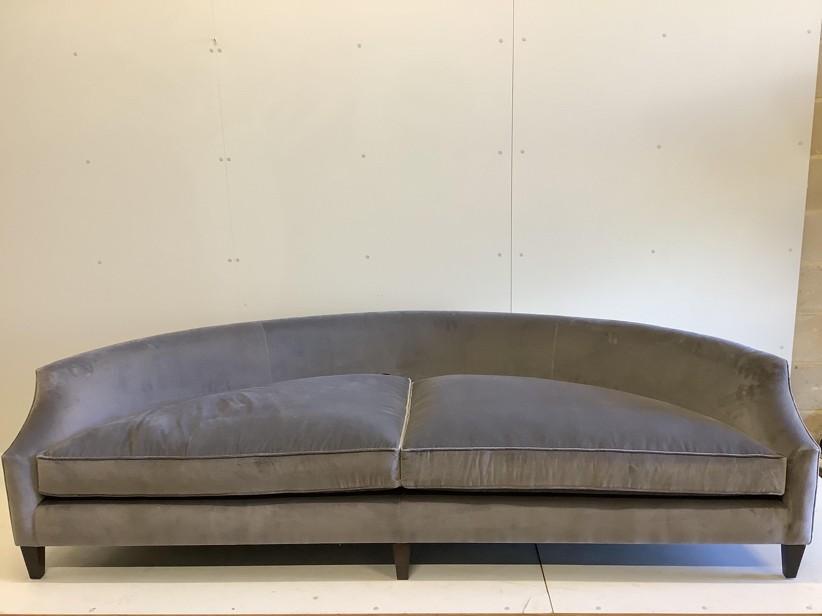 A Fox Linton demi lune sofa with ski arms upholstered in Stark Fabric Luciano Grigio Topo, width 252cm, depth 95cm, height 66cm
